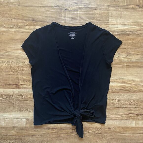 MAJESTIC PARIS L Black Super Washed Soft Touch Open Tie Front Short Sleeve Top 4 - Picture 3 of 12